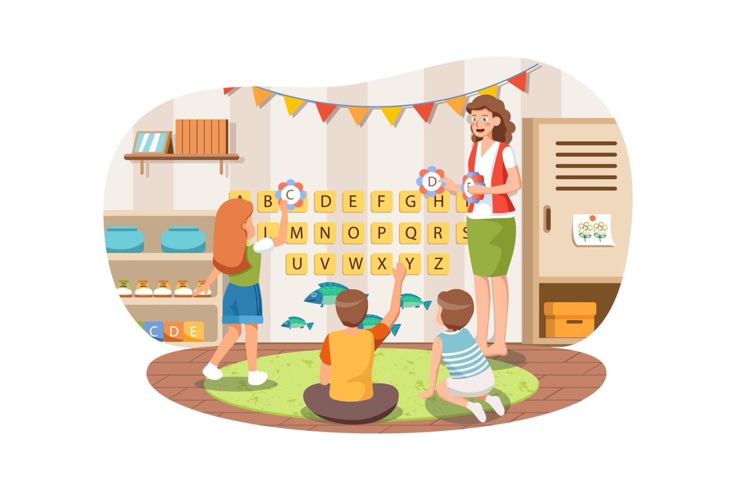 Kindergarten teacher teaching children abc alphabet in lesson. vector