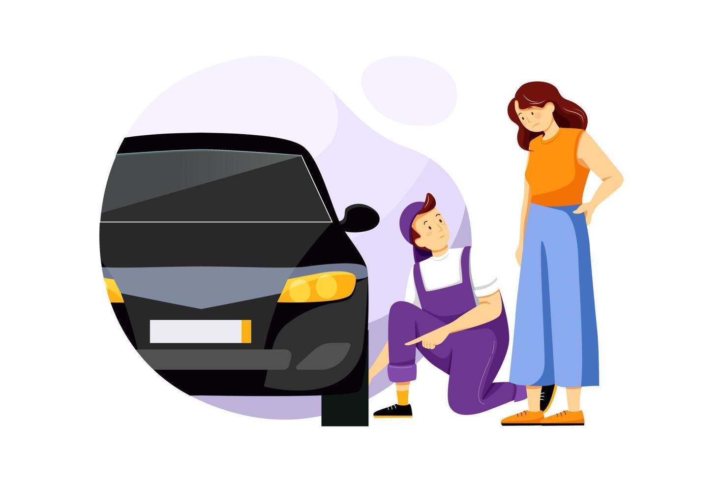 Mechanic showing customer the problem with car vector