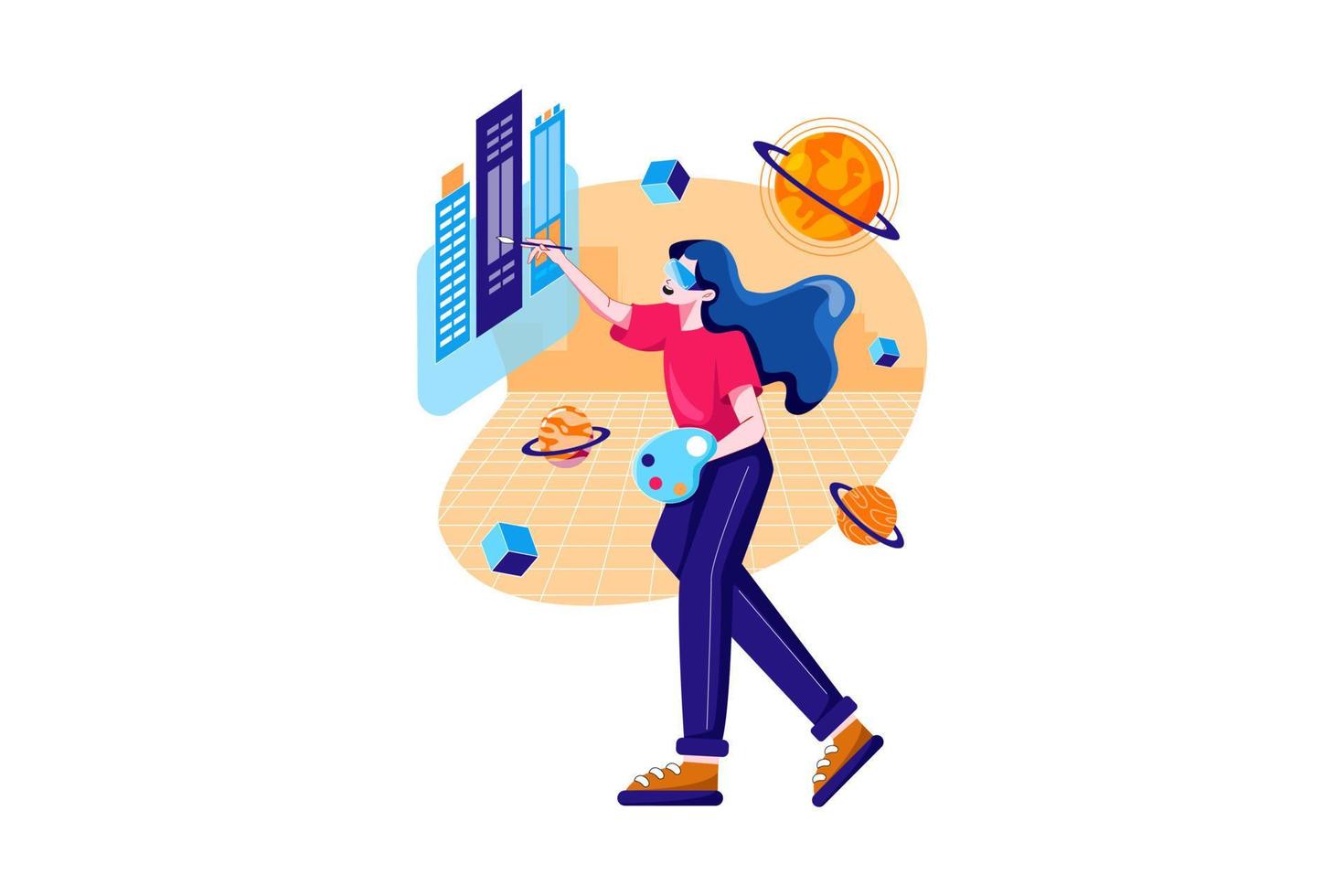 Person with VR headset enjoying an experience of metaverse virtual world Illustration concept vector