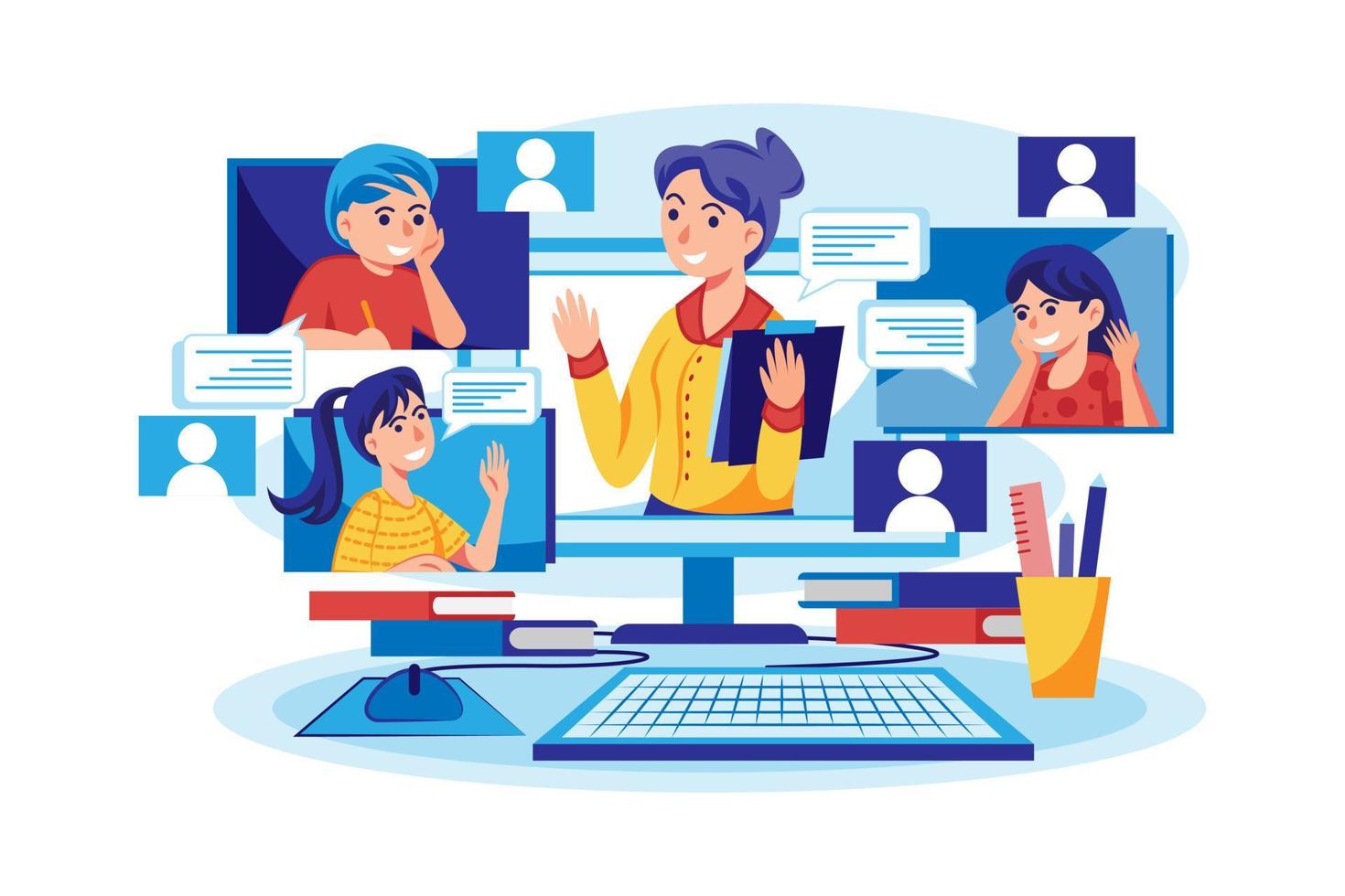 Students learn and discuss with an online teacher. 8516704 Vector Art at Vecteezy