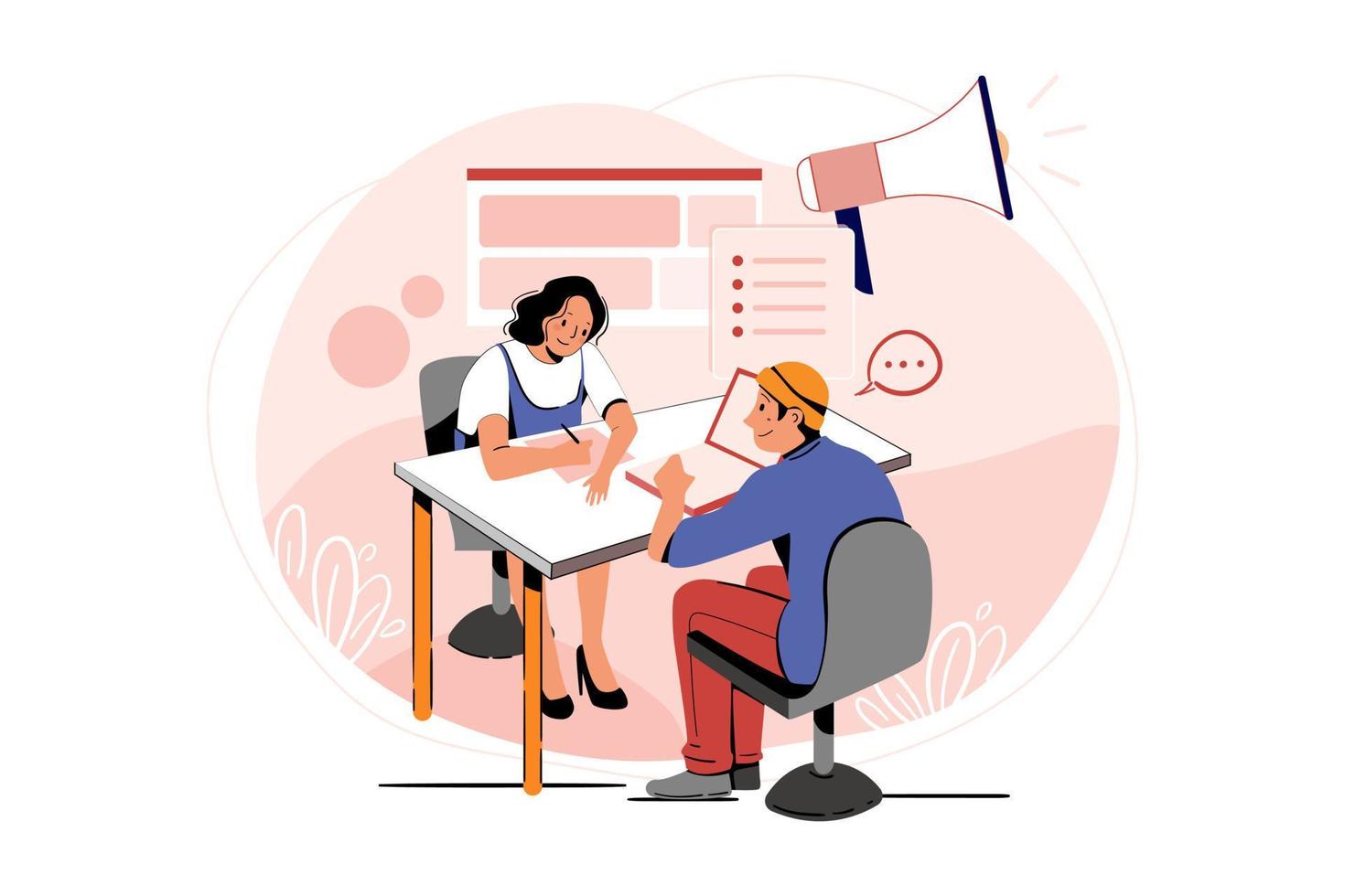 Male and female employees doing online marketing vector