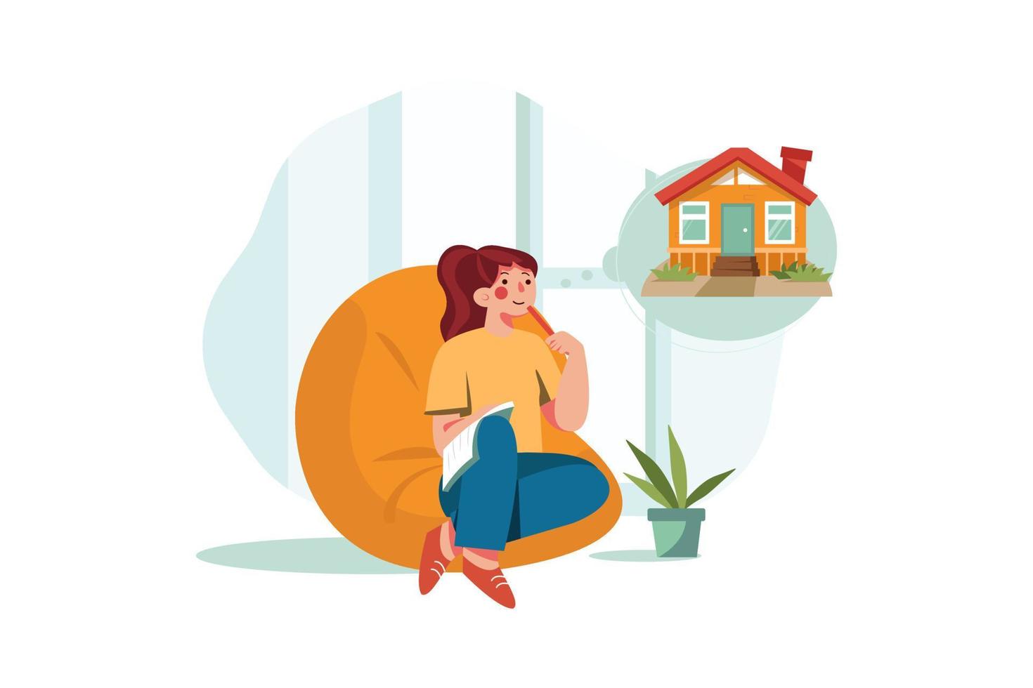 Young Women Thinking About Purchasing a House Flat Illustrations Concept vector