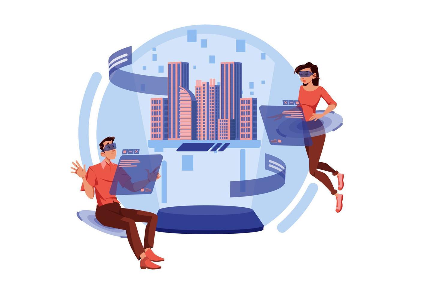 Couple working with 3D city model in the metaverse vector