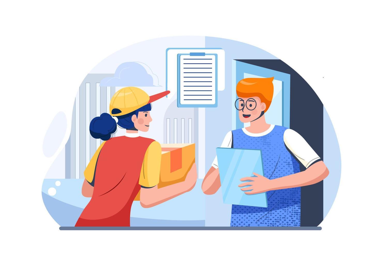 Happy male client receiving order from female courier in red uniform vector