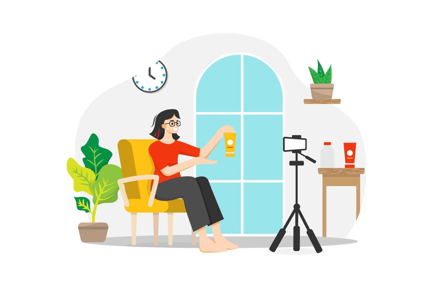 A woman sitting on a chair live streaming selling product from home vector