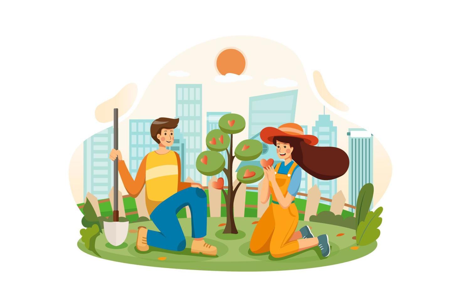 A couple growing the tree of love together in the garden vector