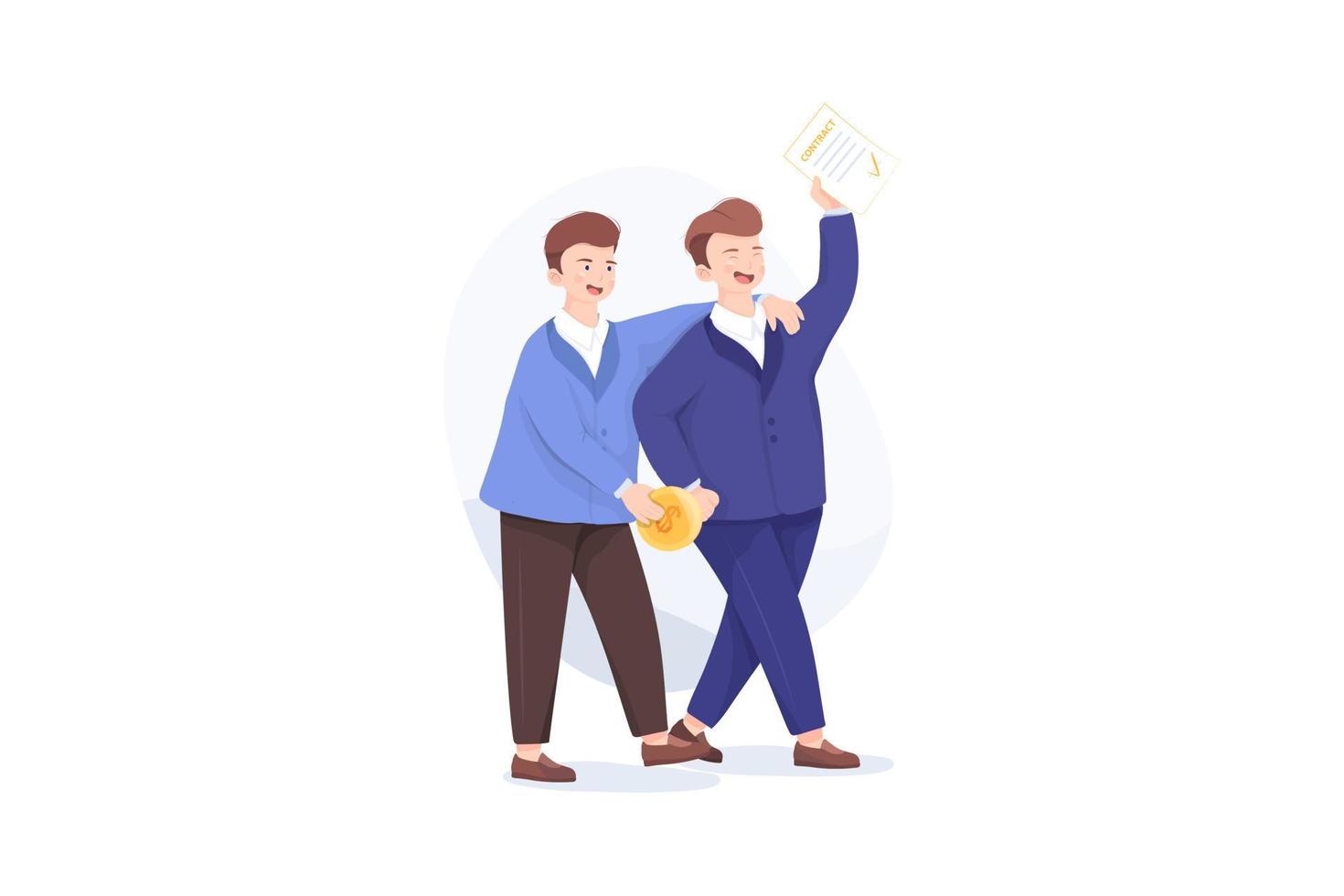 One businessman hold contract in hand and another hold golden coin. - Success business concept vector