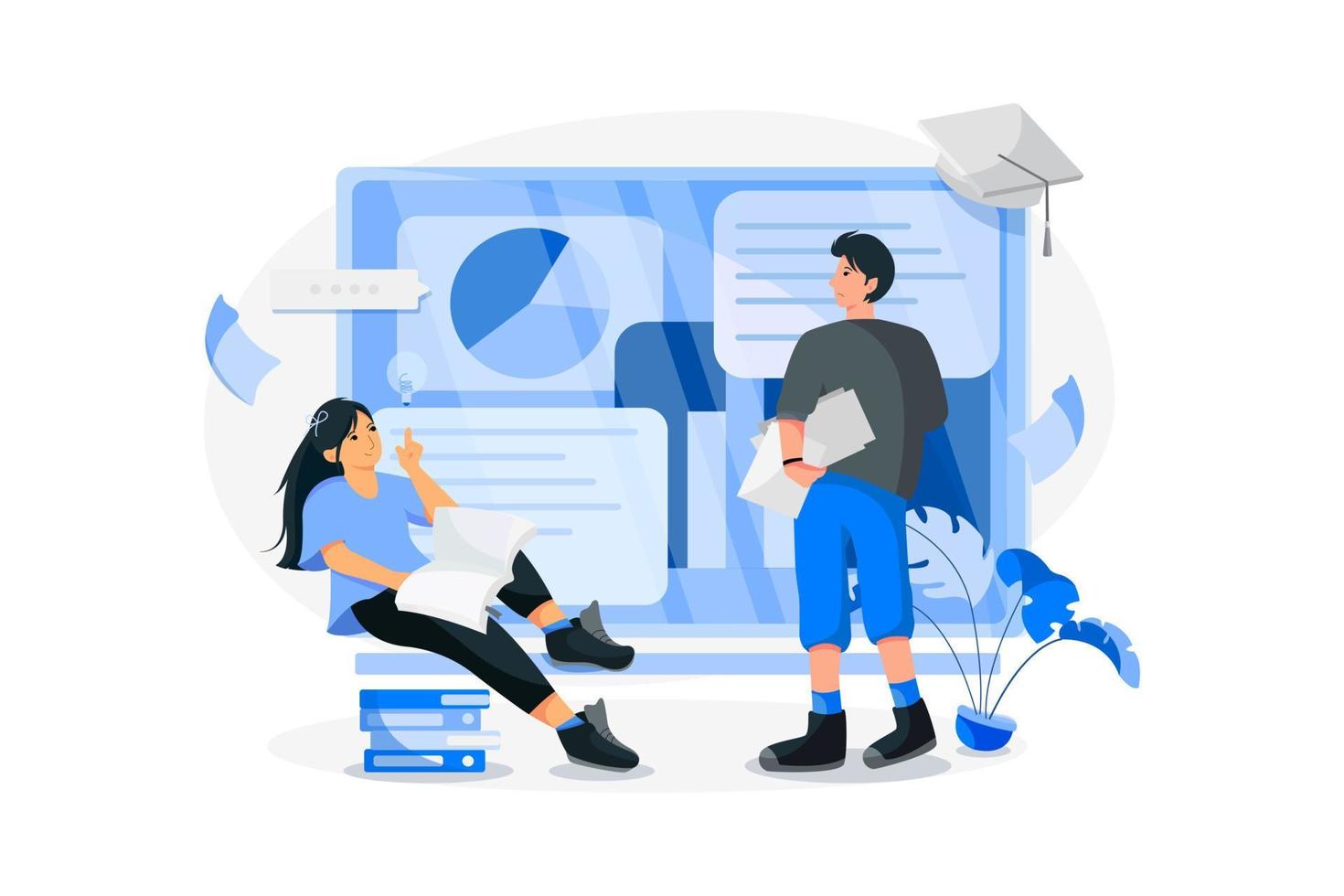 Online course with a lot of papers and people vector