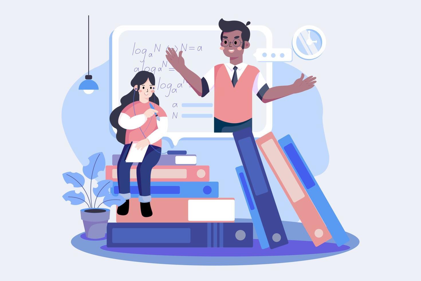The girl learn online math tutoring illustration. vector