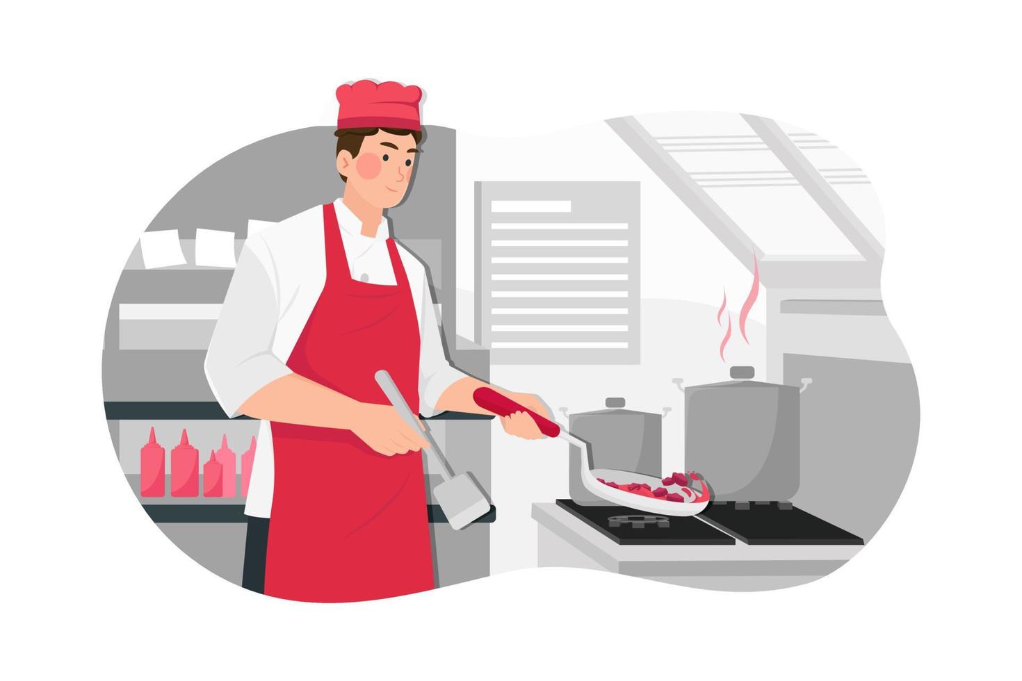 Chef cooking food in the restaurant kitchen vector