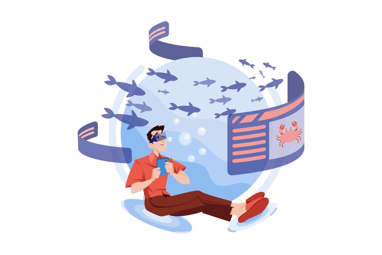 Man experiencing virtual sea tour in the metaverse vector
