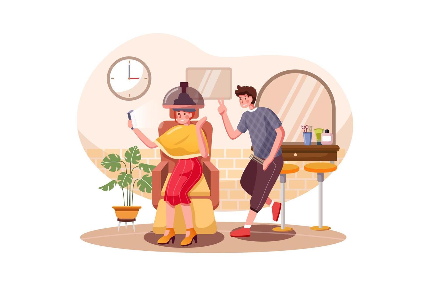 Woman taking a selfie using mobile phone with her hair stylist while sitting on salon chair vector