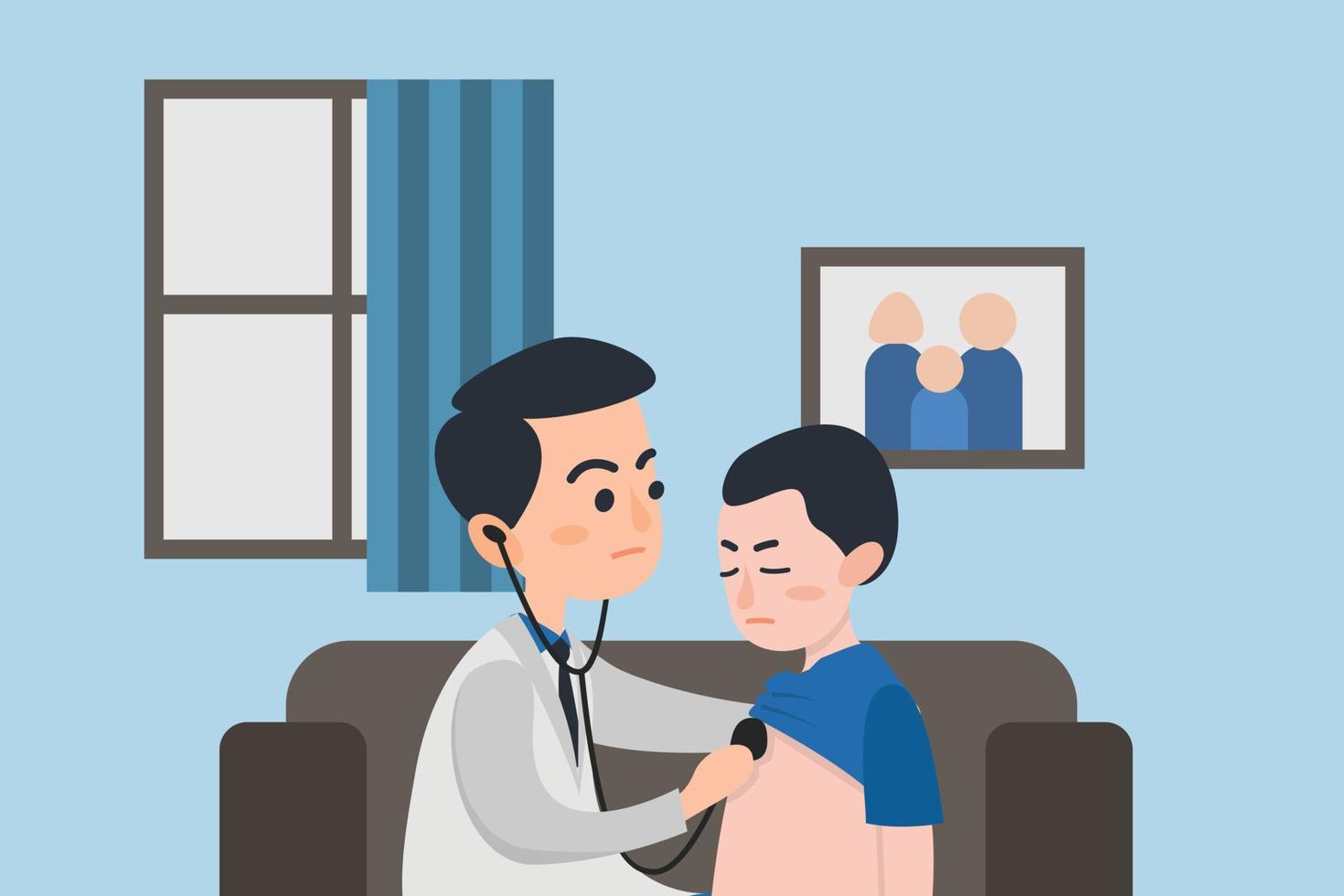 Doctor practitioner in white coat with stethoscope attending sick schoolboy at home vector