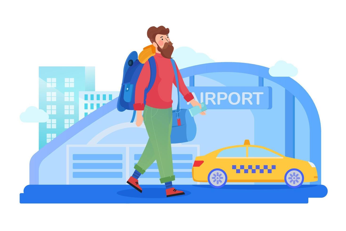 Air traveler. Hipster man with luggage goes to the airport. Vector illustration in cartoon style