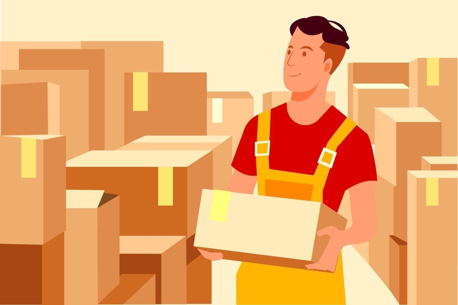 Young man working at a warehouse with boxes vector