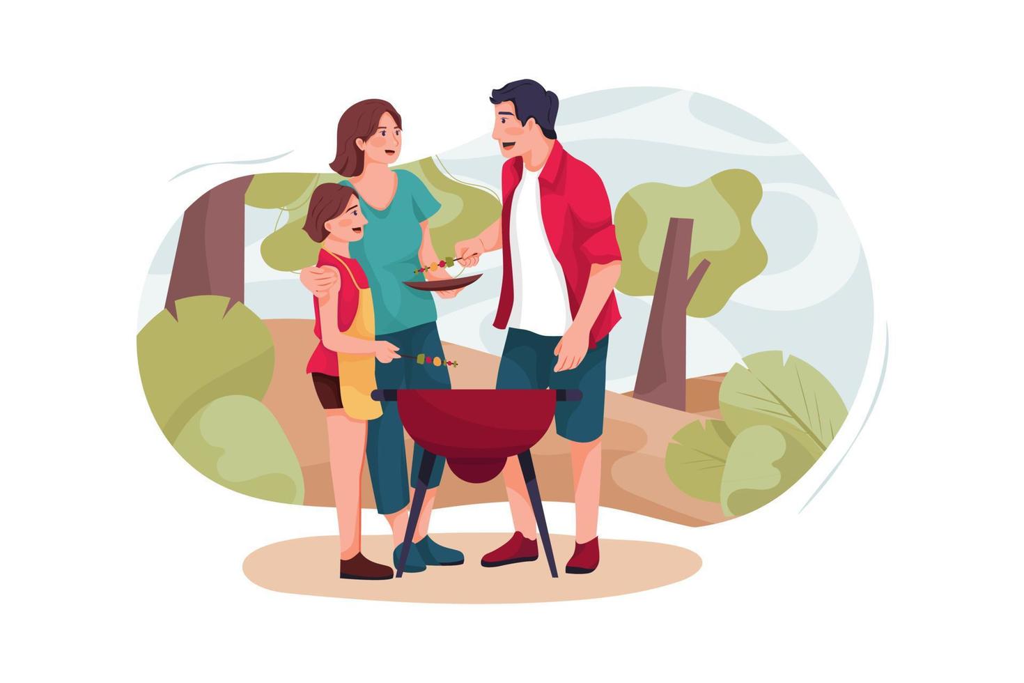 una pequeña familia tiene una barbacoa en el bosque. vector