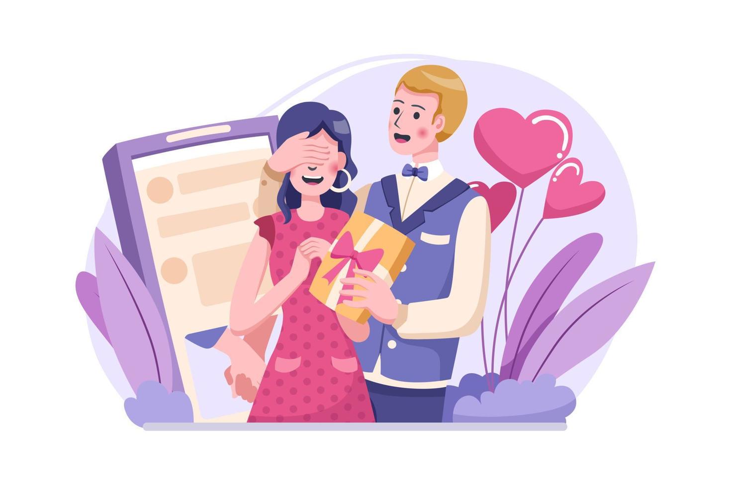 retrato de una pareja joven que da un regalo sorpresa en su ilustración de aniversario de amor vector