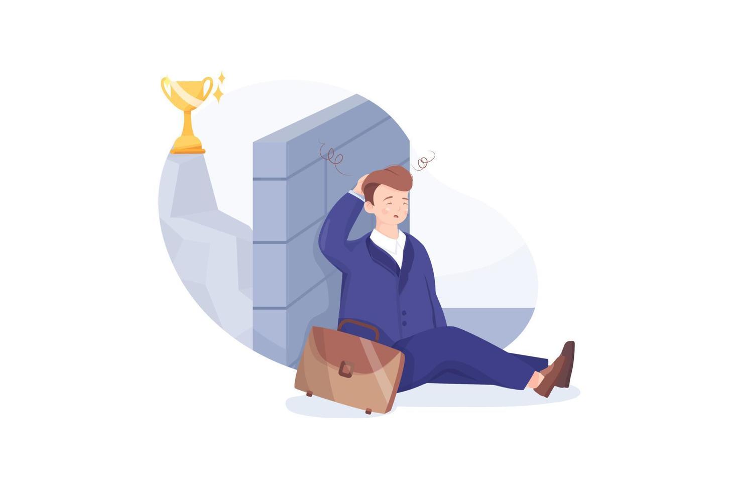 Business Obstacle and Barrier Concept. Businessman Sit on Ground with Dizzy Head front of High Brick Wall Face Difficulty on Way to Goal Achievement. Path to Success. vector