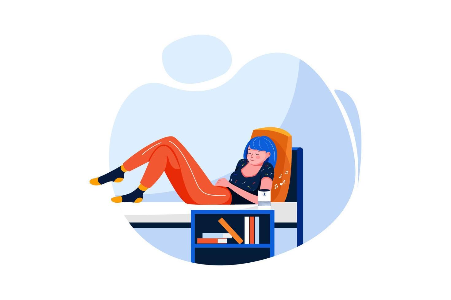 Woman sleeping in the bed listening to music on wireless speaker vector