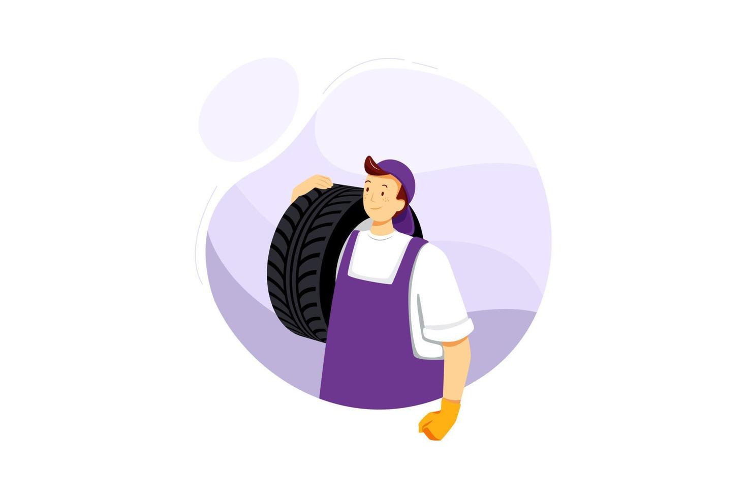 Young smiling mechanic holds a car tire at service station vector