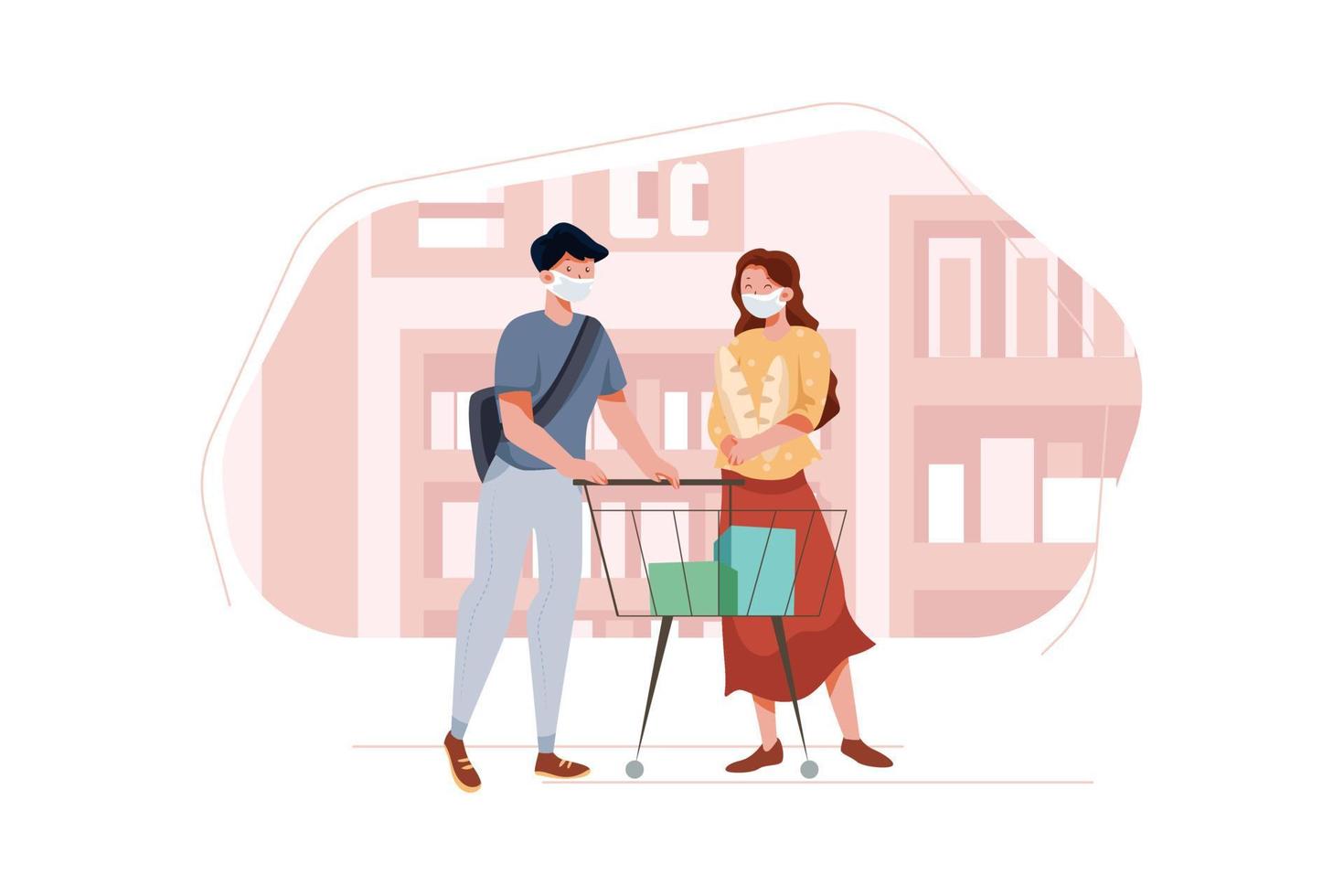 Couple wearing mask doing shopping in supermarket vector