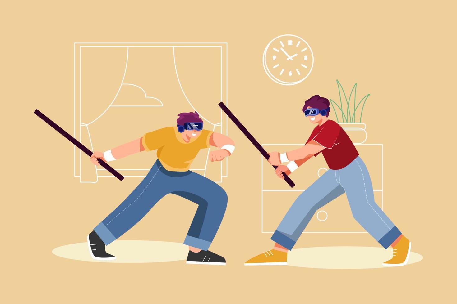 Two people playing the game in virtual reality glasses vector