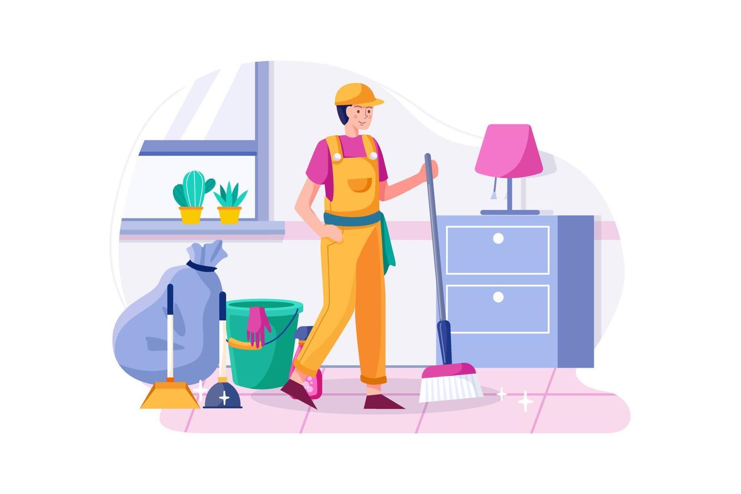 Cleaning man holding broom satisfied with clean house. vector