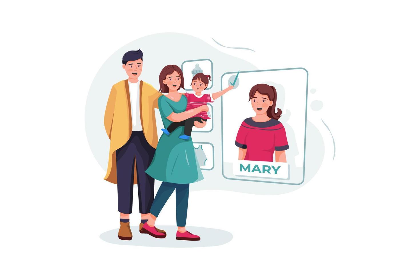 Family couple with baby choosing nanny online vector