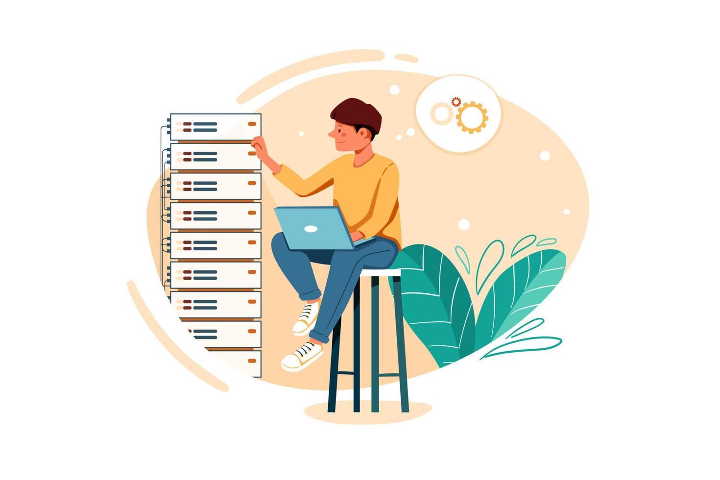Male employee fixing server issue Illustration vector