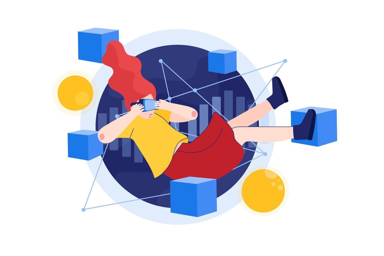 Person with VR headset enjoying an experience of metaverse virtual world Illustration concept vector