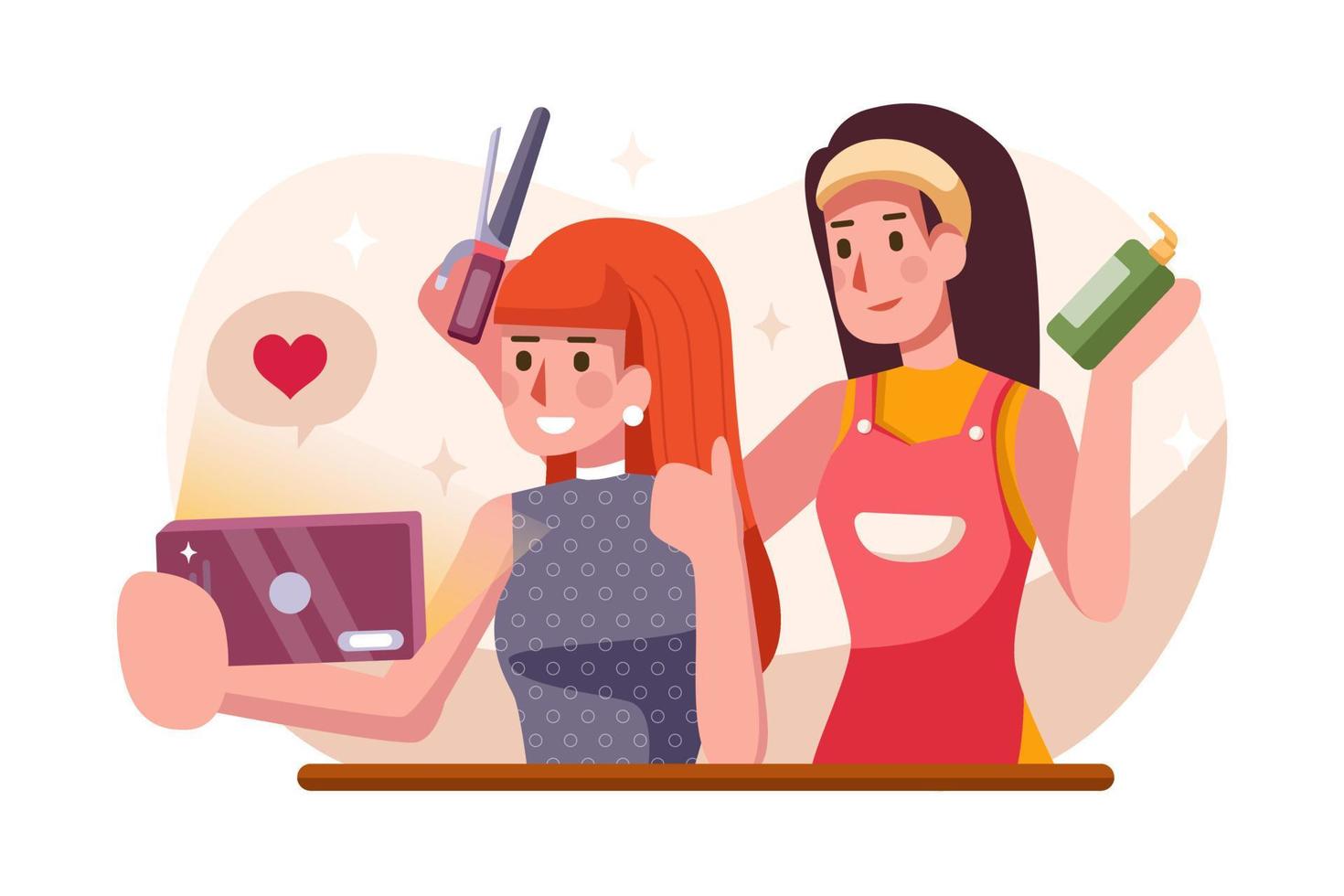 Happy smiling woman character sitting in beauty saloon and taking photo selfie. vector