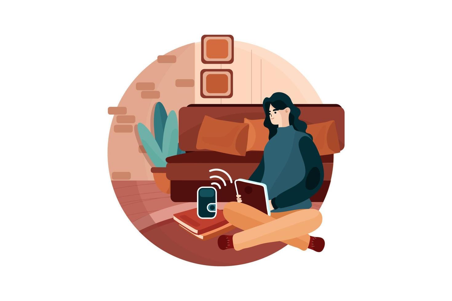 Women using voice commands to control smart home devices sitting with a smart speaker and tablet on the floor in the living room vector