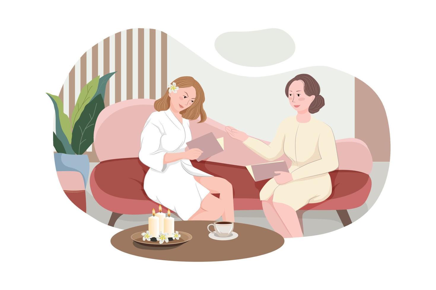 Woman visiting beauty salon, female client siting in comfortable chair. vector