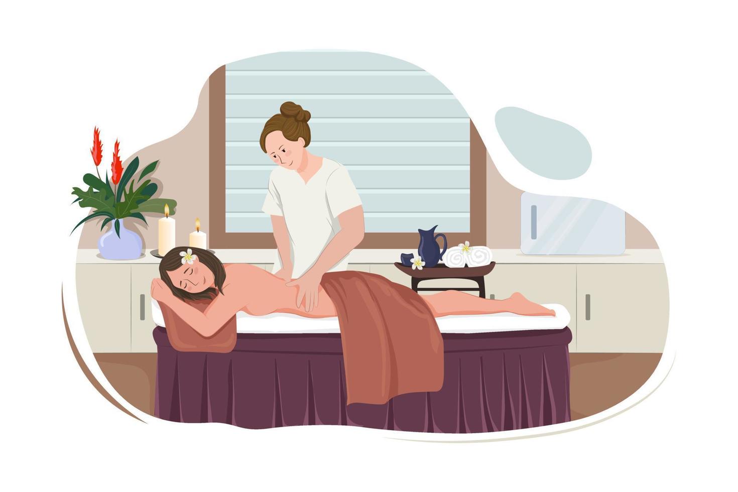 terapeuta de masaje personaje de mujer profesional haciendo masajes exóticos a mujer sonriente feliz. vector