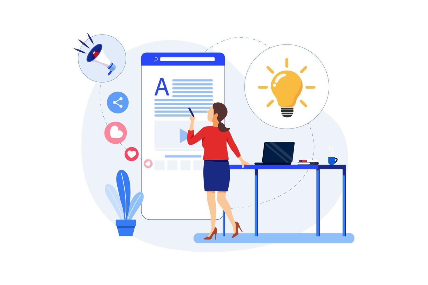 Female author writing content for website, banner, social media, mobile app... vector