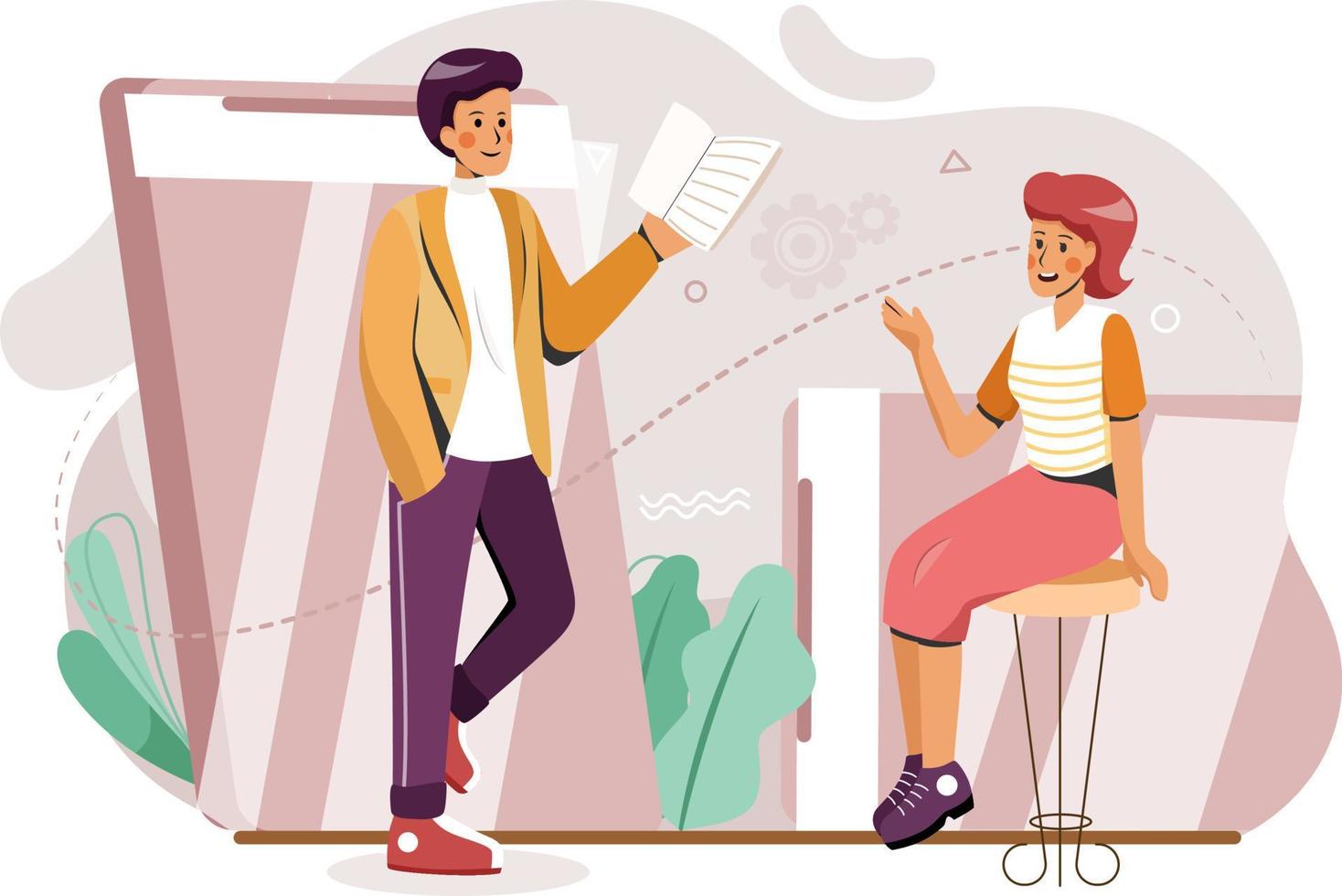 A man and woman are having a business online meeting by smartphone vector
