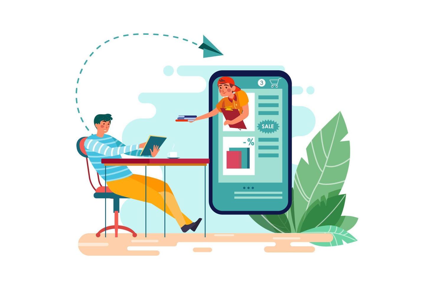 A man order book in a mobile online mobile shop. vector