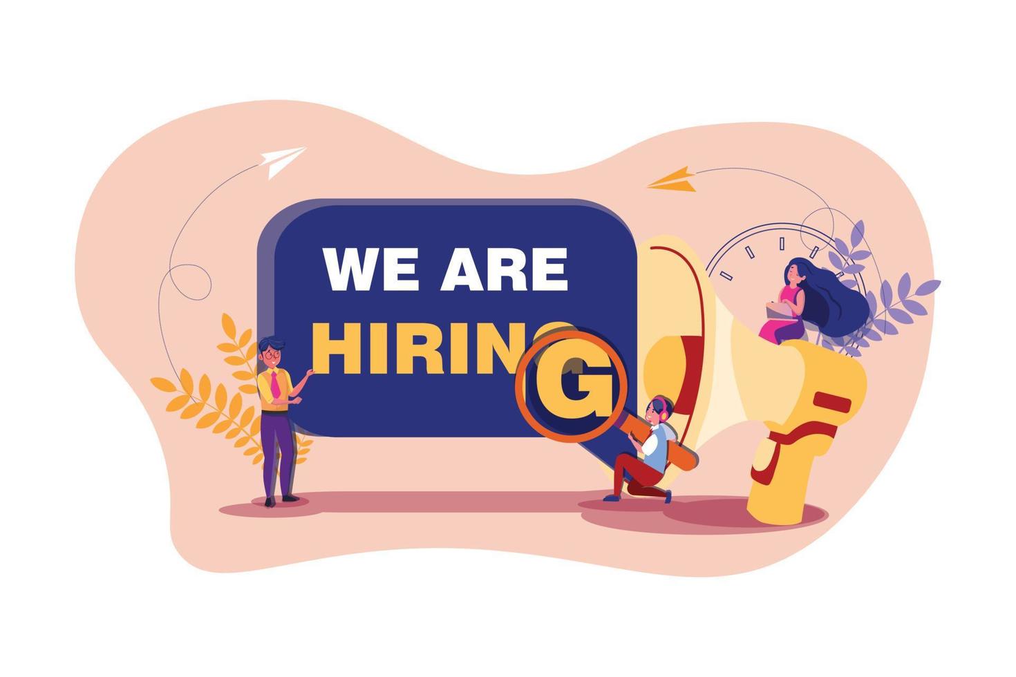 A team work standing and sitting with big megaphone behind and shout We are Hiring vector
