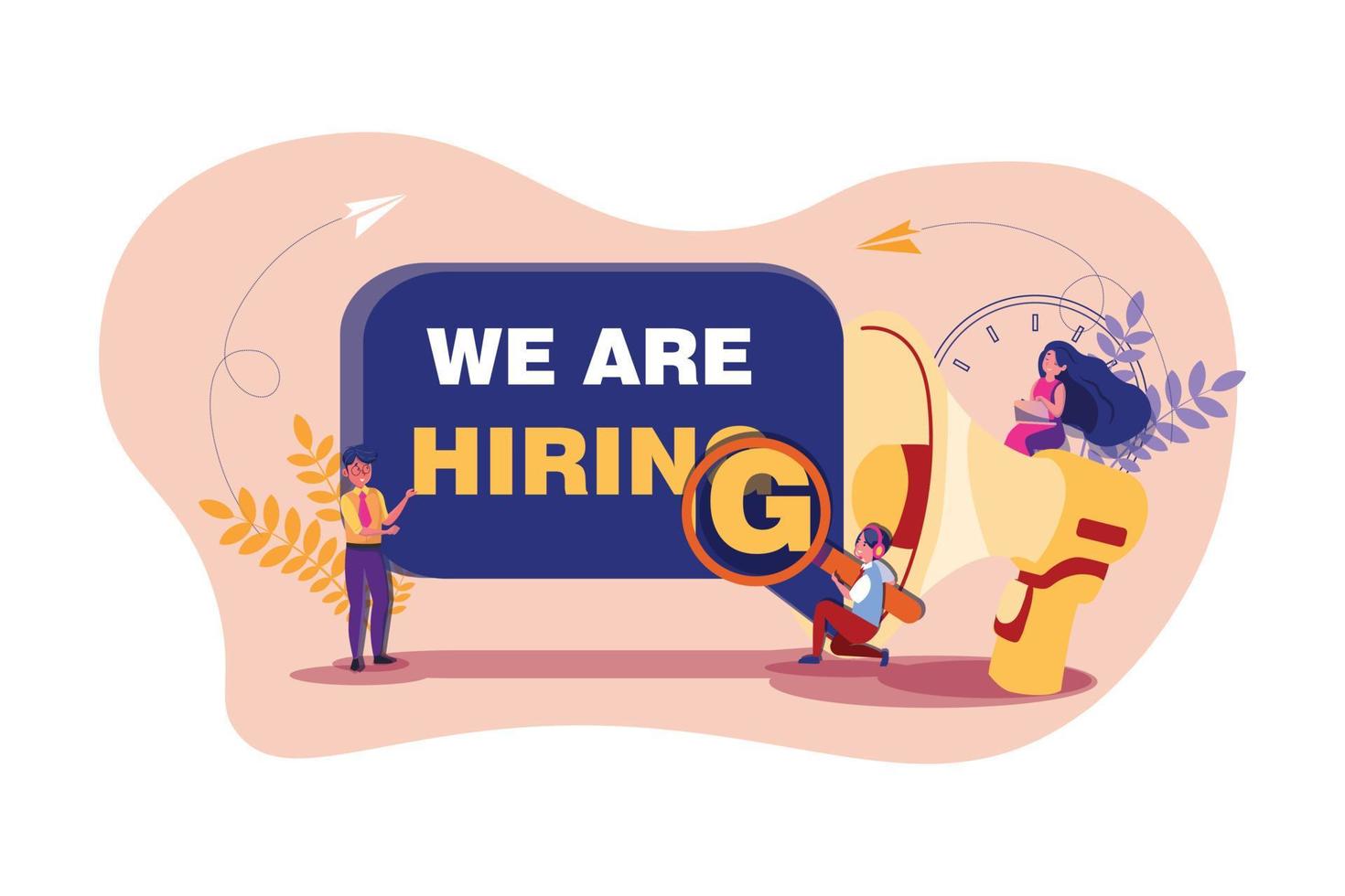 A team work standing and sitting with big megaphone behind and shout We are Hiring vector