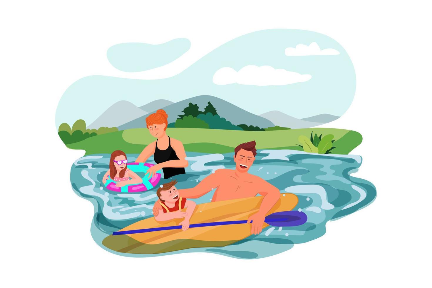 Family swimming in the river vector