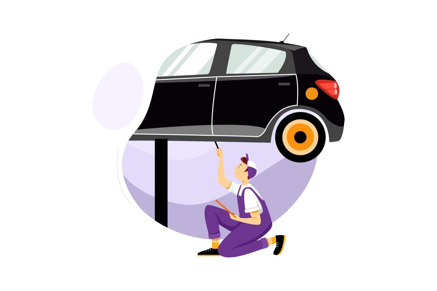 A mechanic service car in garage is check a list cars vector
