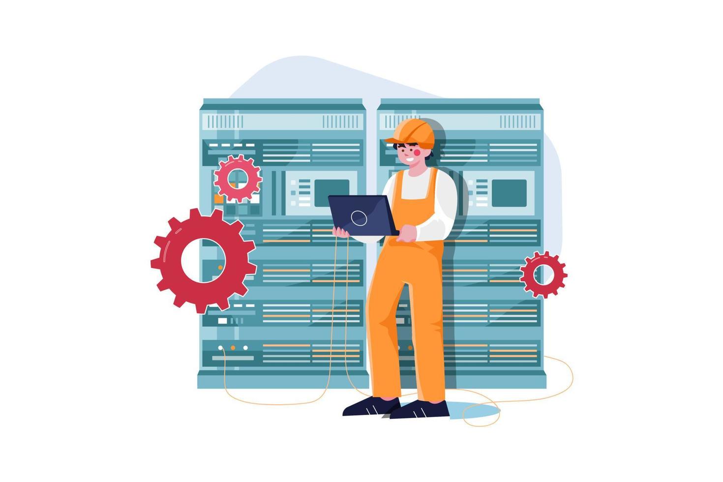 Engineer working in the server roomFlat Illustrations Concept vector
