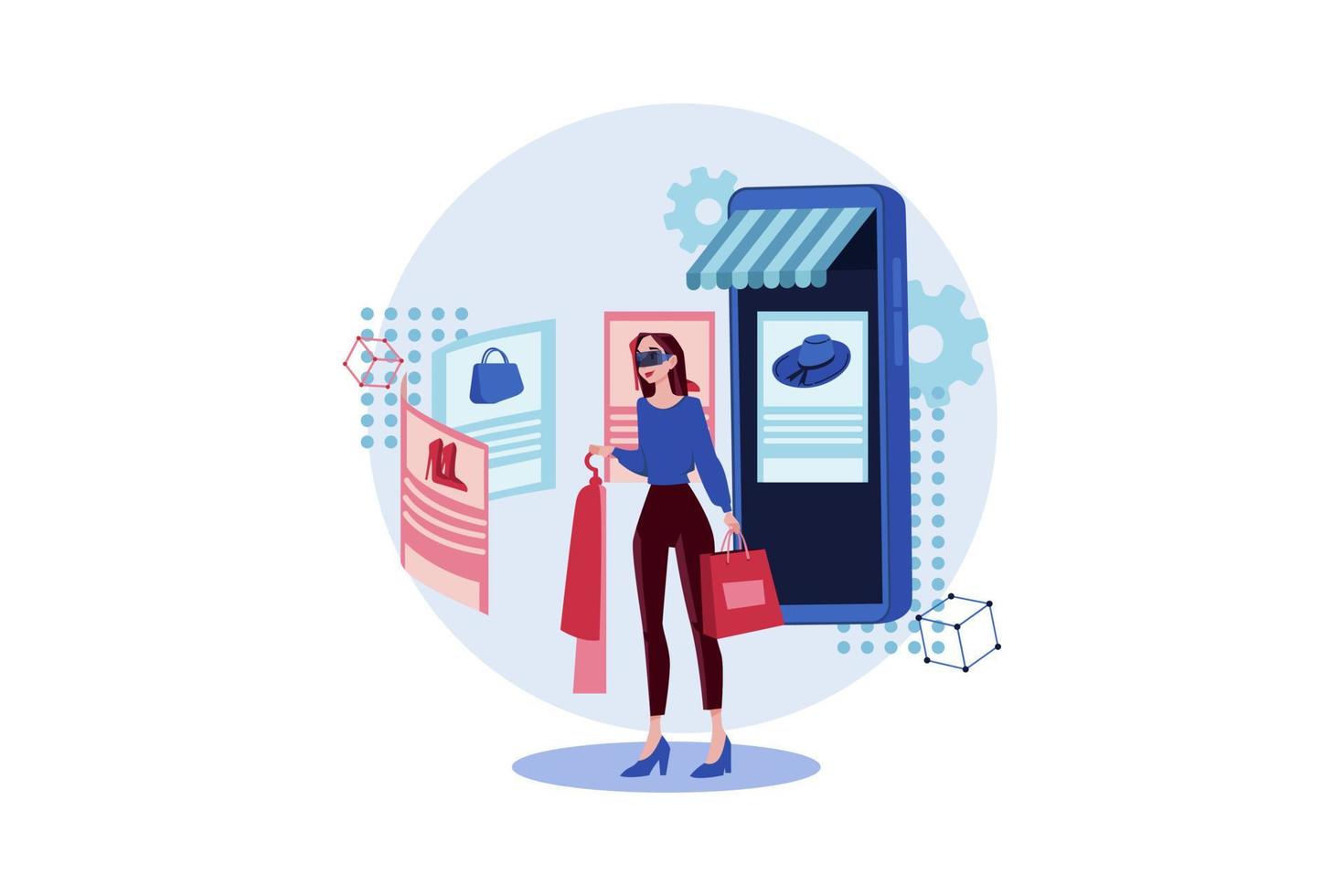 Girl doing shopping using VR Tech vector