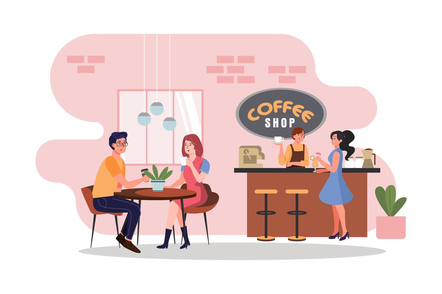 Coffee shop or cafe with people sitting at tables, drinking coffee, and working on laptops and barista standing at the counter. vector