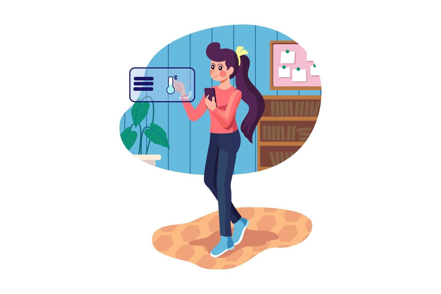 Young woman controlling temperature in the living room with smart phone and digital touch screen panel. vector