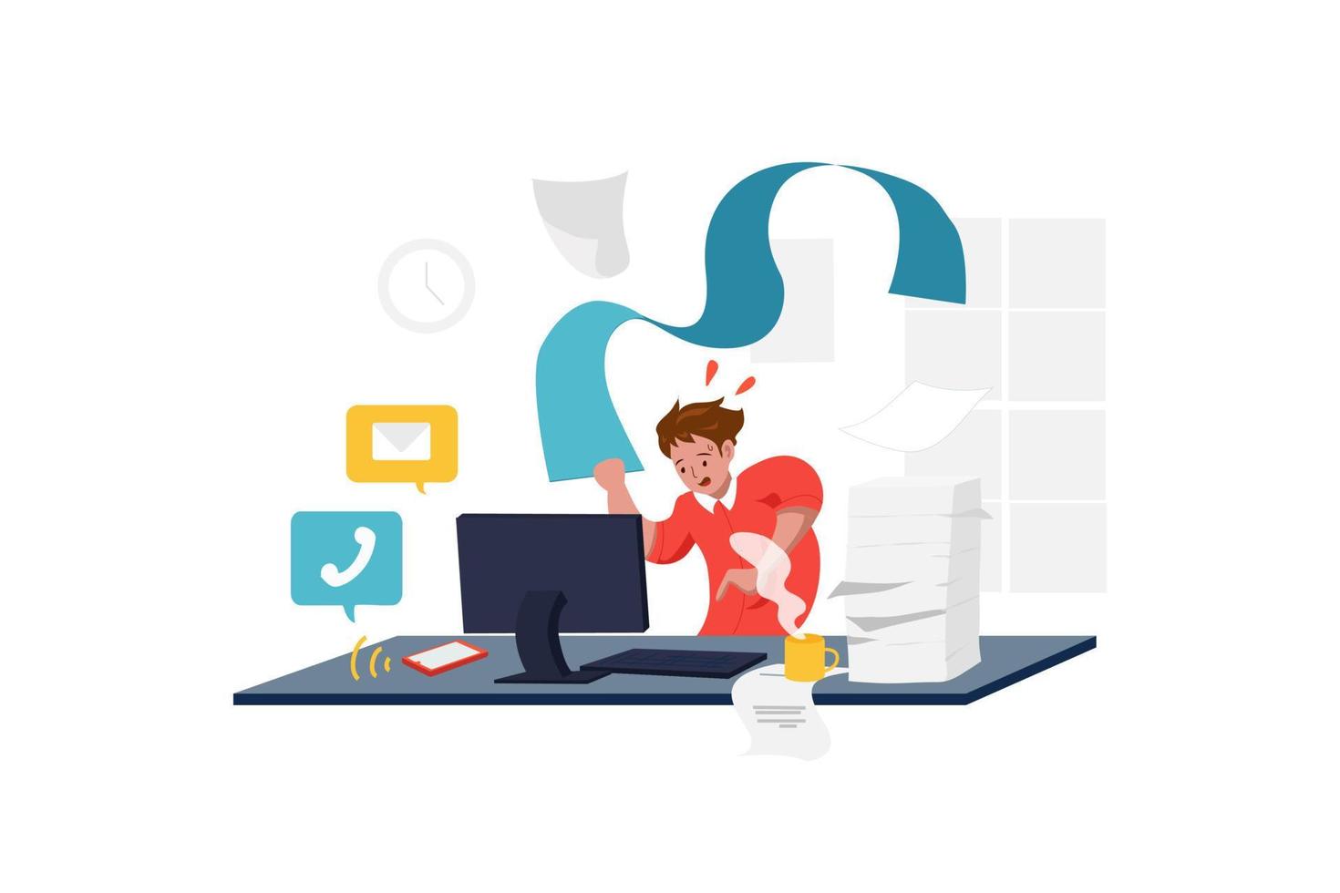 Male office worker overloaded with paperwork from computer, heap of business letters and online documents vector
