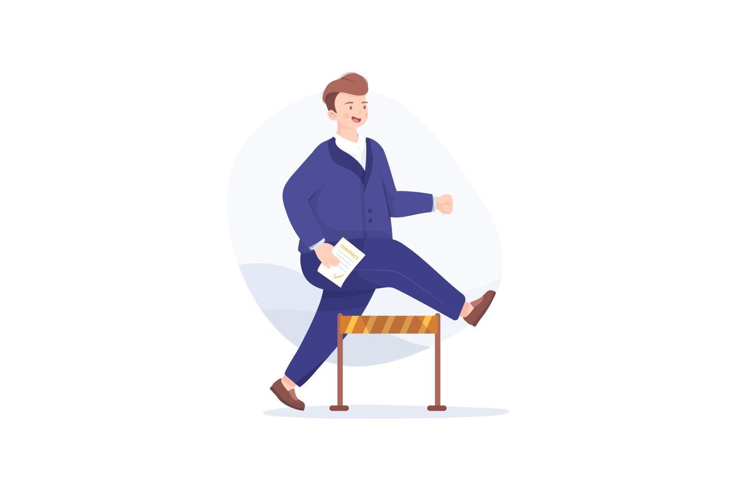 Businessman jumping over hurdles with contract in his hand. vector