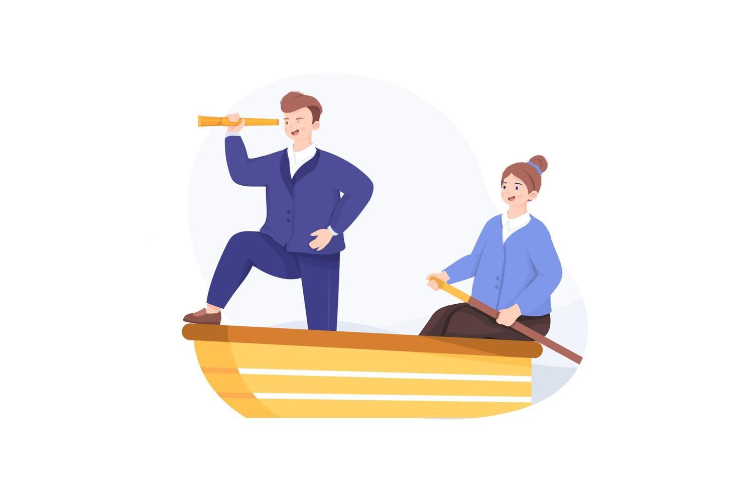 Business man and woman sailing on boat together. Woman is rower and businessman looking to a telescope. vector