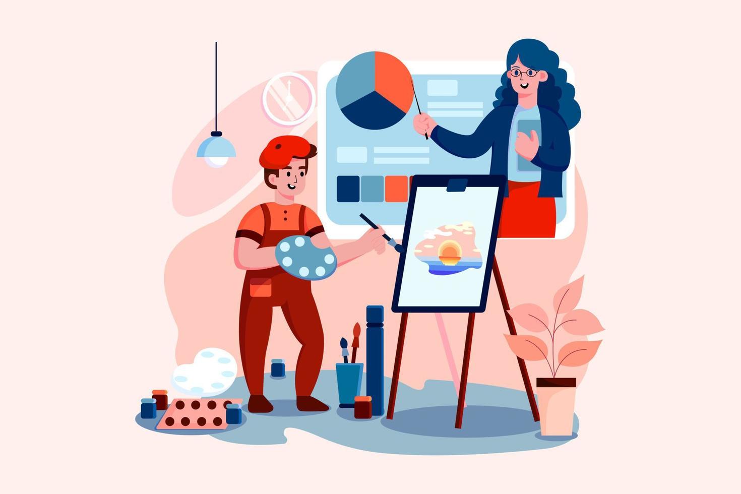 The boy draws according to the instructions of online teacher. vector