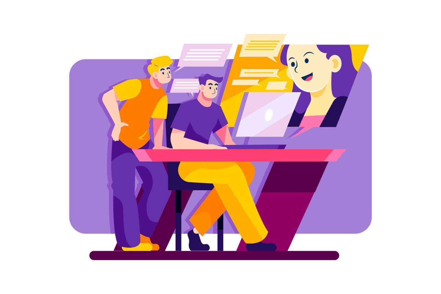 Two woman are having online meeting with a man vector